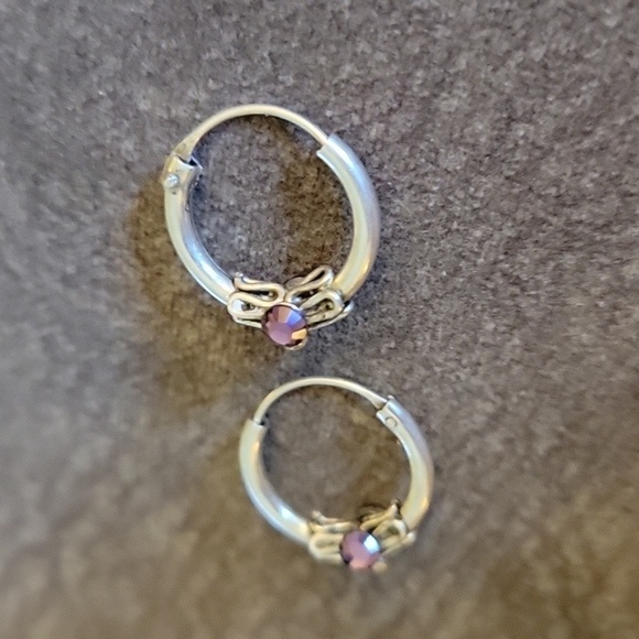 Dainty Sterling Silver Purple Crystal Huggie Hoop Earrings - Picture 4 of 4